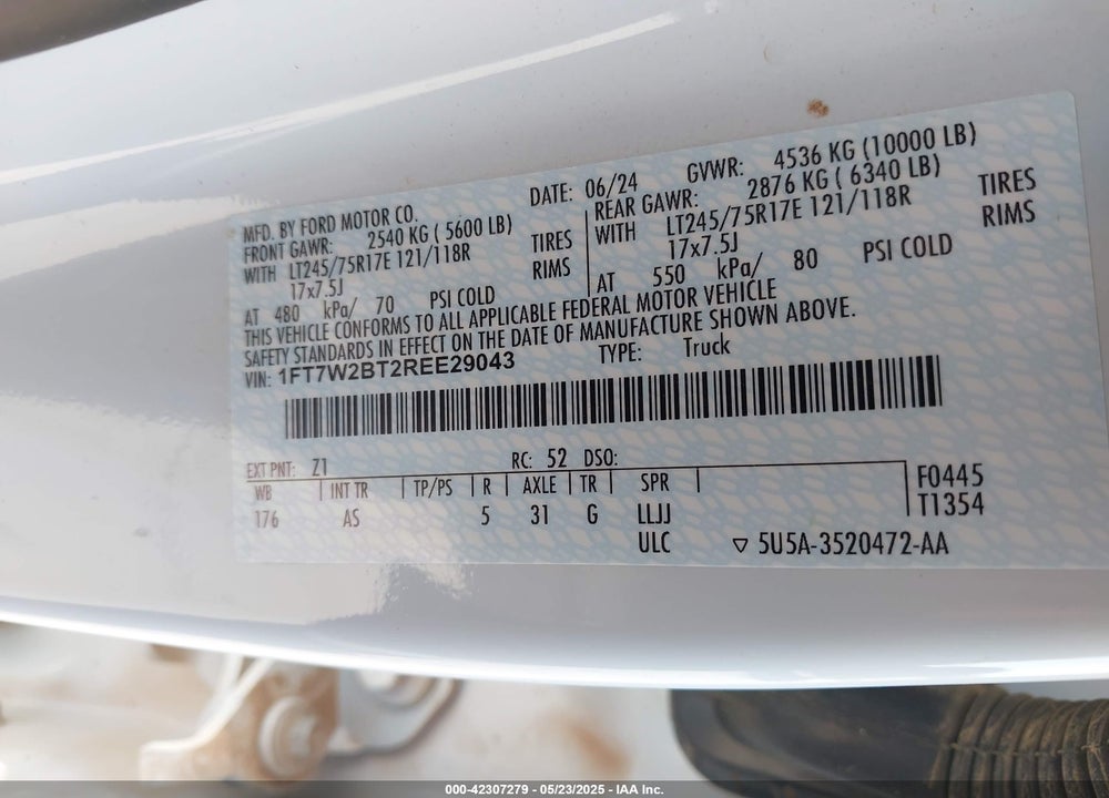 2024 FORD F-250 VIN: 1FT7W2BT2REE29043