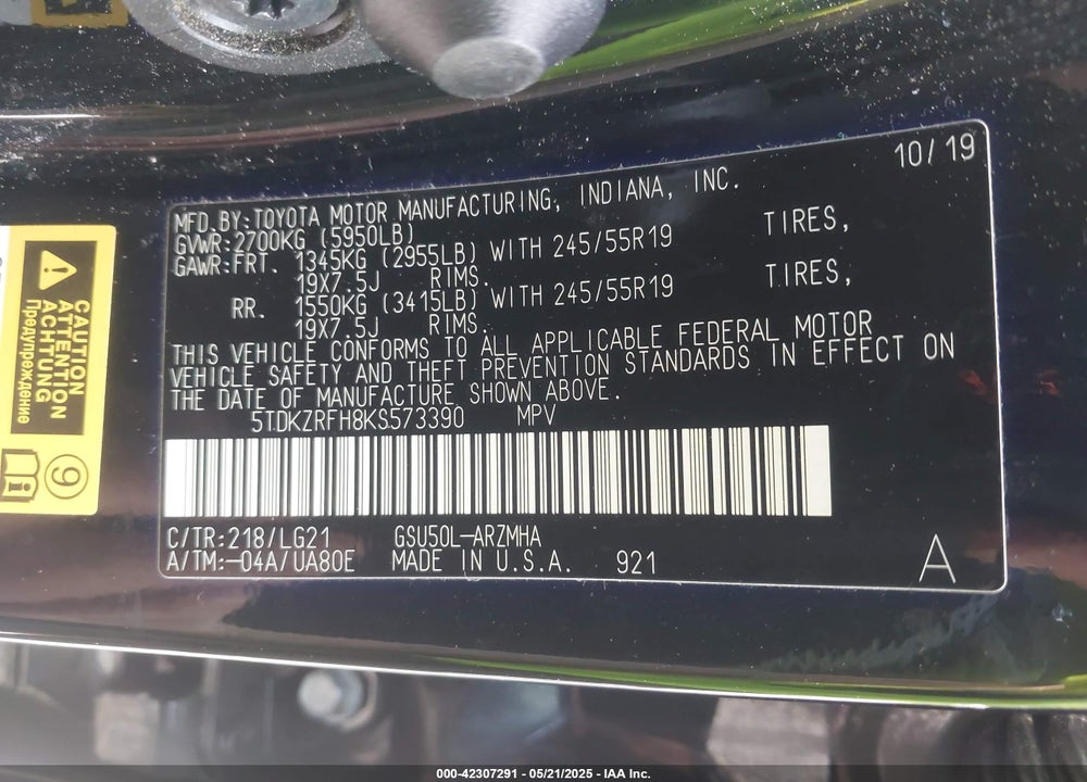 2019 TOYOTA HIGHLANDER SE VIN: 5TDKZRFH8KS573390