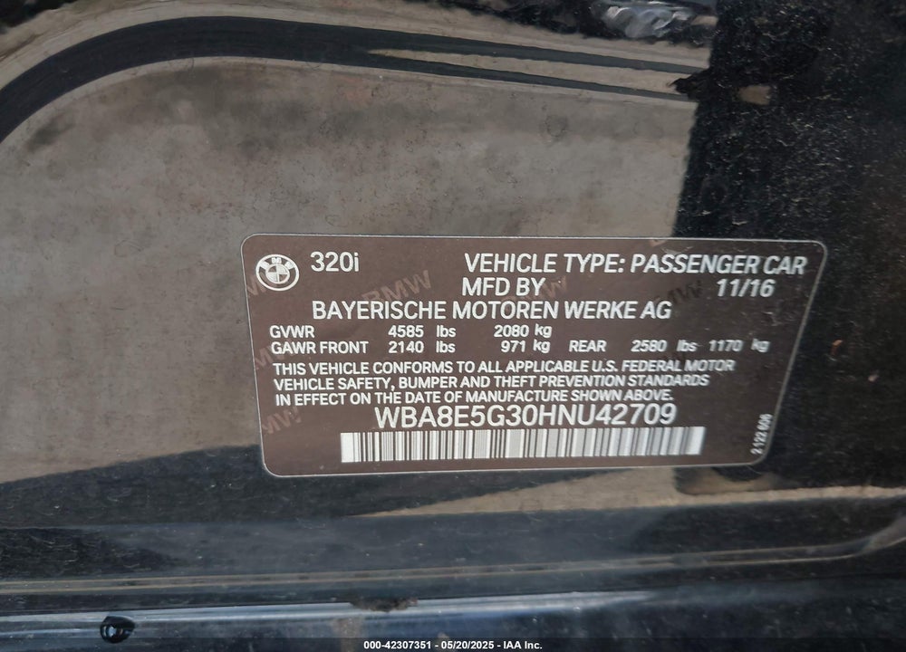 2017 BMW 3 SERIES VIN: WBA8E5G30HNU42709