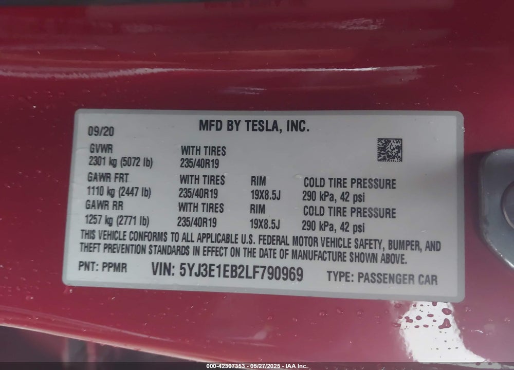 2020 TESLA MODEL 3 LONG RANGE DUAL MOTOR ALL-WHEEL DRIVE VIN: 5YJ3E1EB2LF790969