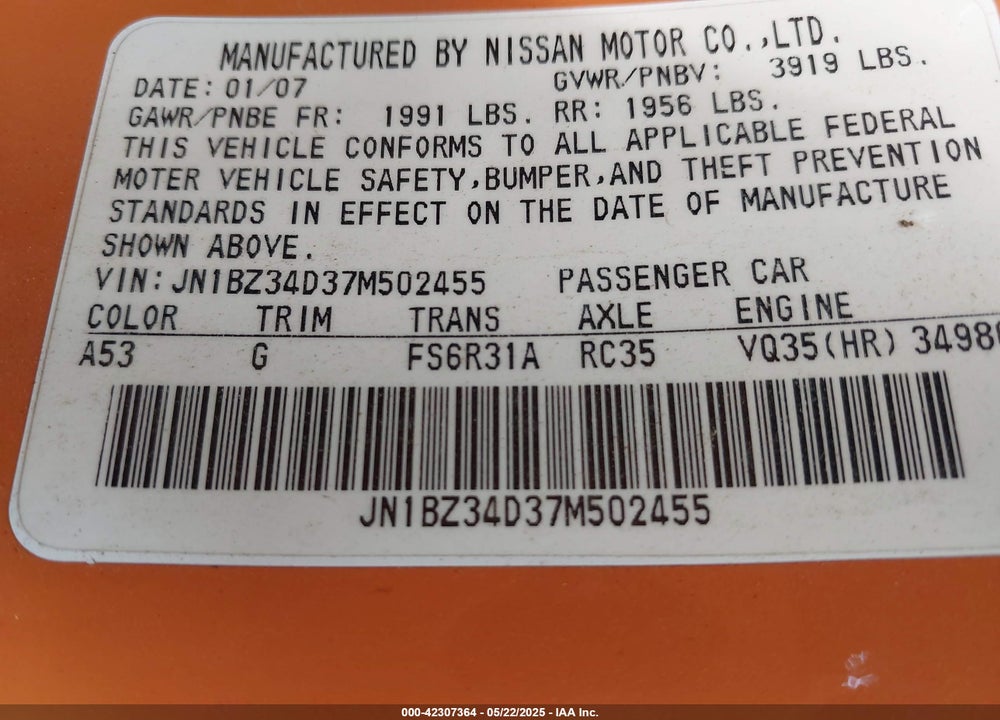 2007 NISSAN 350Z VIN: JN1BZ34D37M502455
