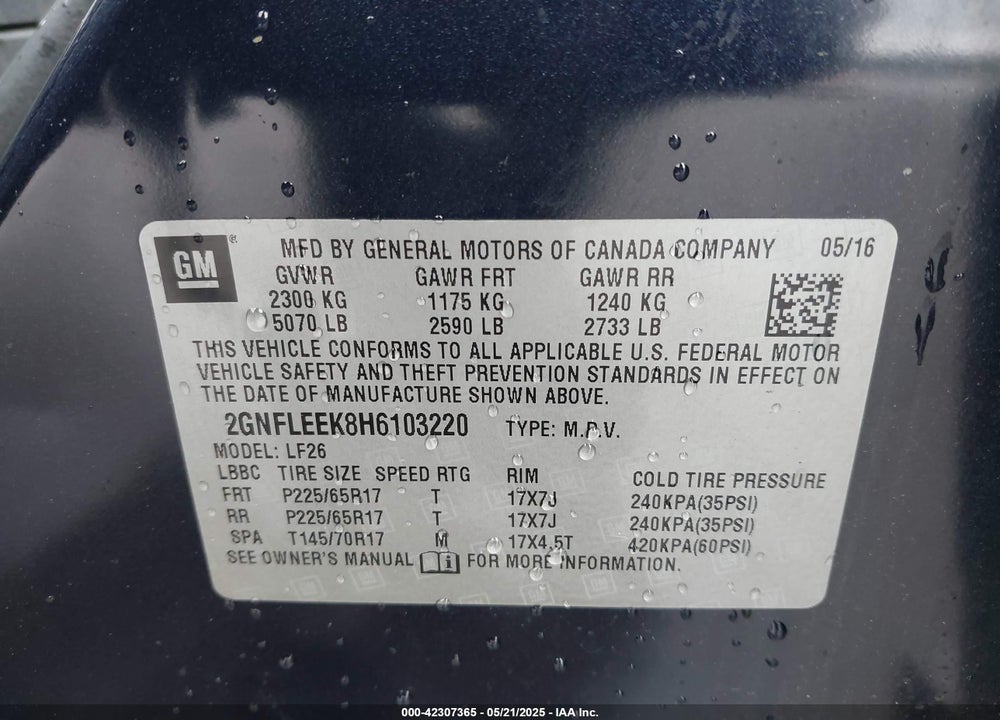 2017 CHEVROLET EQUINOX VIN: 2GNFLEEK8H6103220