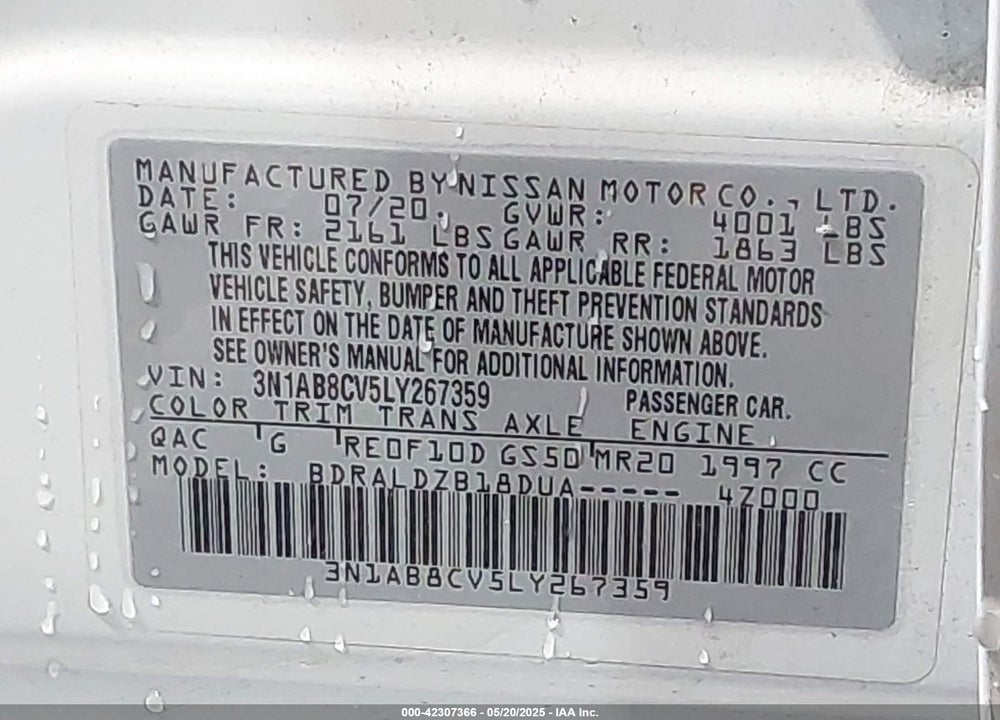 2020 NISSAN SENTRA SV XTRONIC CVT VIN: 3N1AB8CV5LY267359