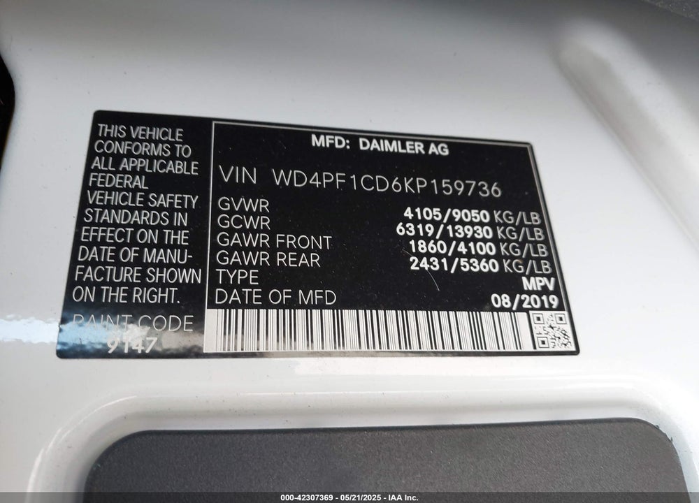 2019 MERCEDES-BENZ SPRINTER 2500 HIGH ROOF V6 VIN: WD4PF1CD6KP159736