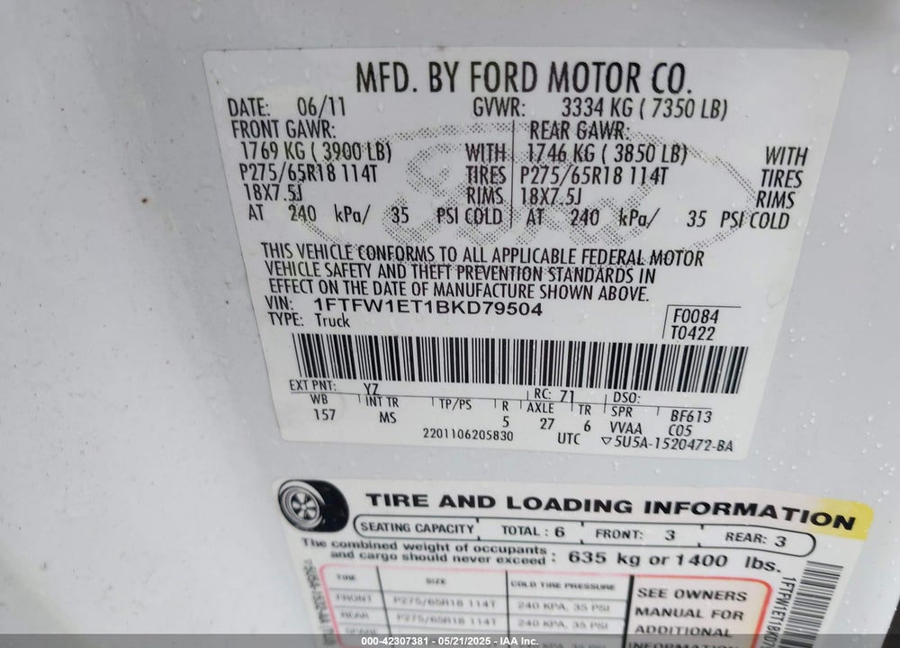 2011 FORD F-150 VIN: 1FTFW1ET1BKD79504