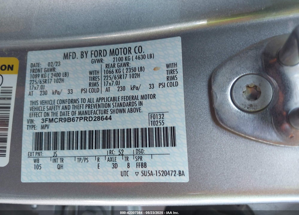 2023 FORD BRONCO SPORT VIN: 3FMCR9B67PRD28644