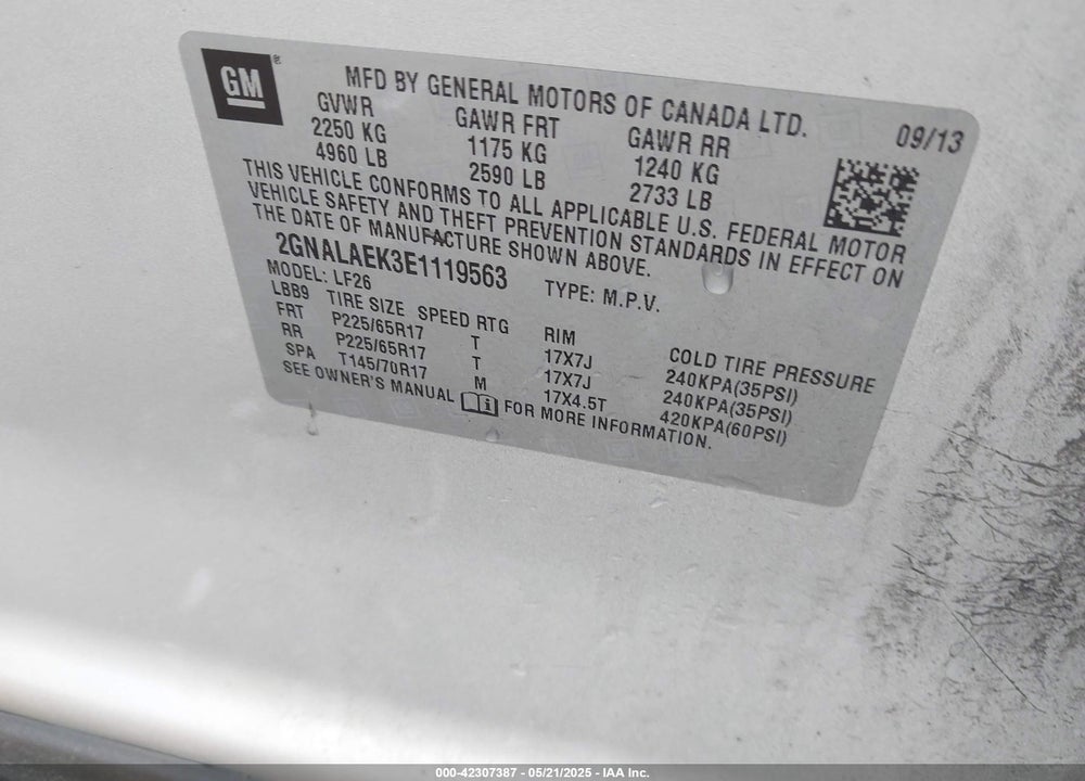 2014 CHEVROLET EQUINOX LS VIN: 2GNALAEK3E1119563