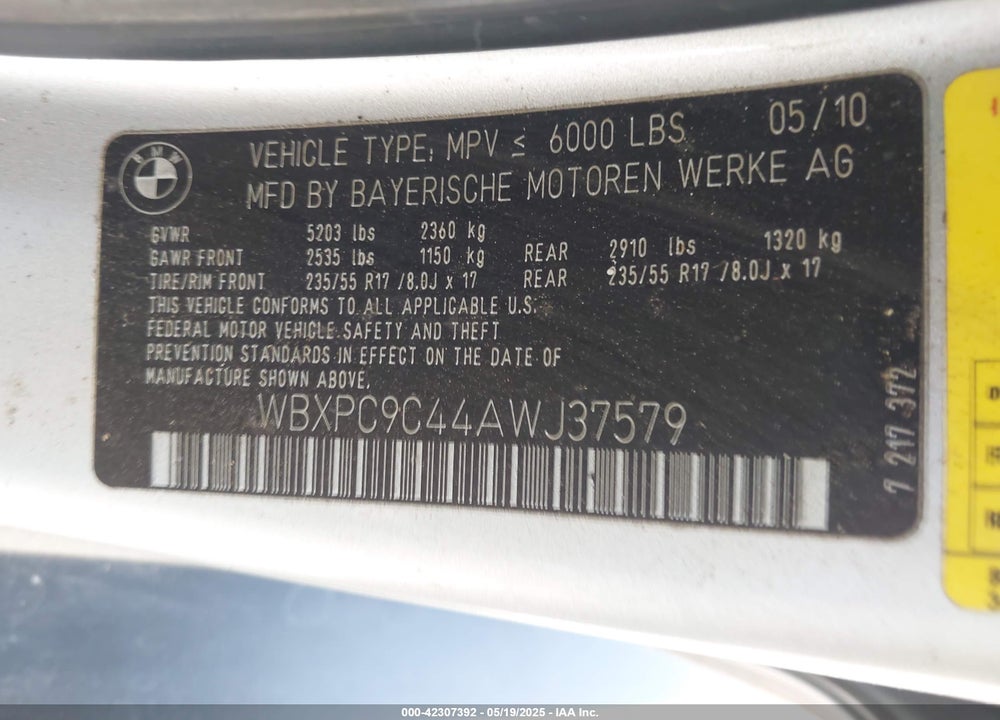 2010 BMW X3 VIN: WBXPC9C44AWJ37579