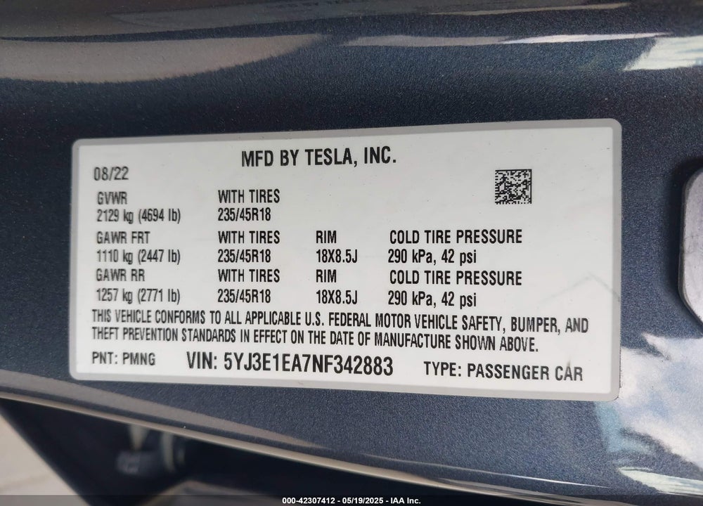 2022 TESLA MODEL 3 VIN: 5YJ3E1EA7NF342883