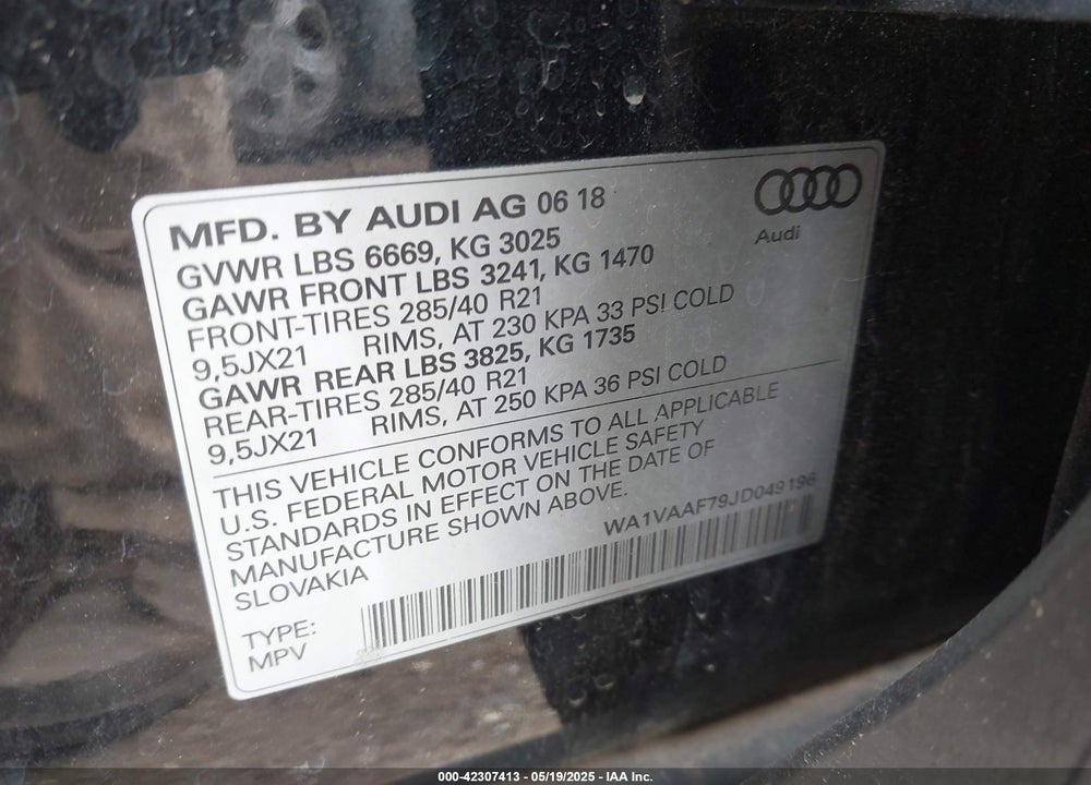 2018 AUDI Q7 VIN: WA1VAAF79JD049196