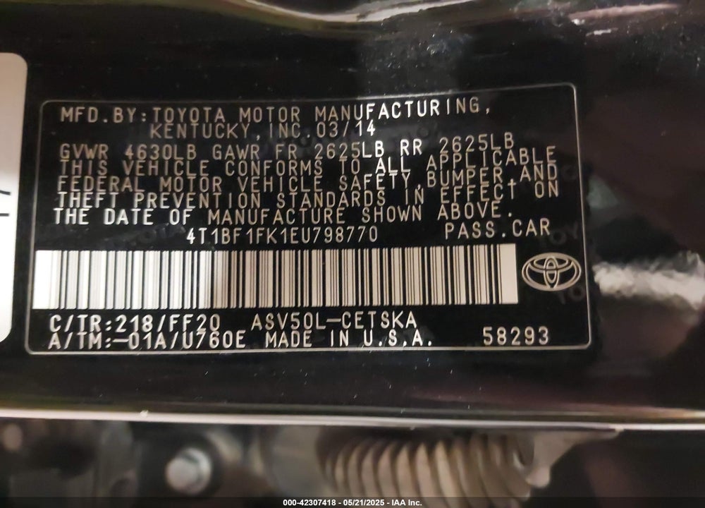 2014 TOYOTA CAMRY VIN: 4T1BF1FK1EU798770