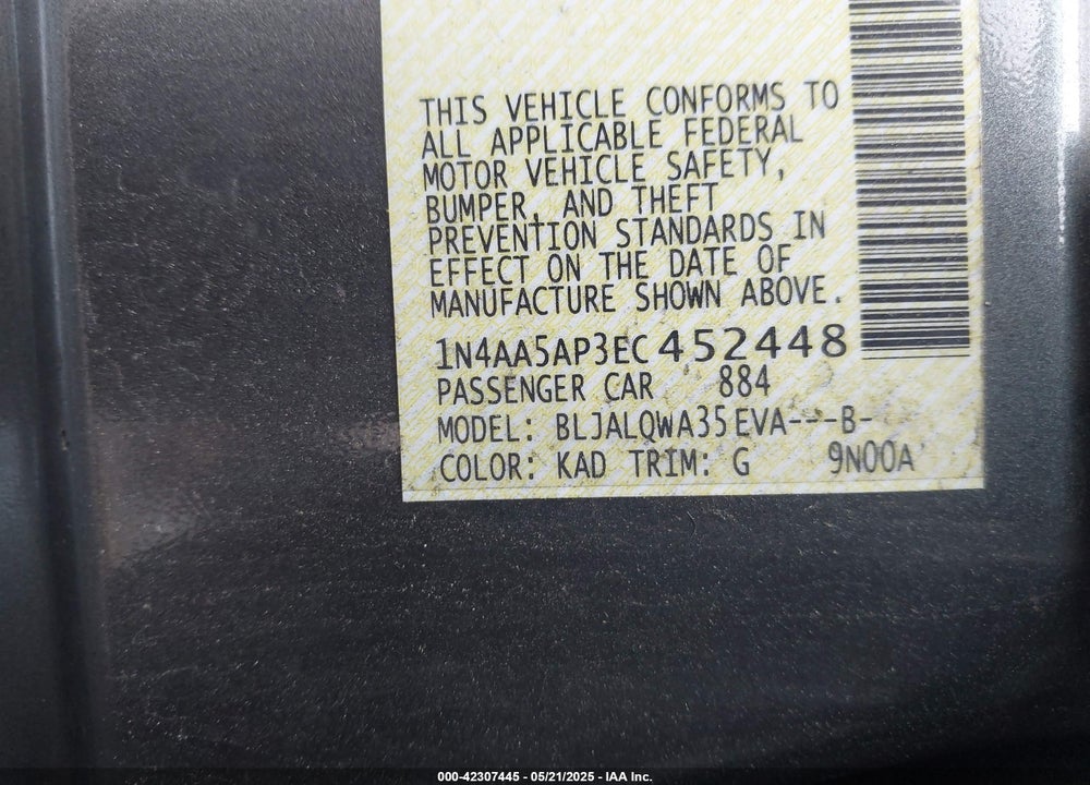 2014 NISSAN MAXIMA 3.5 S VIN: 1N4AA5AP3EC452448