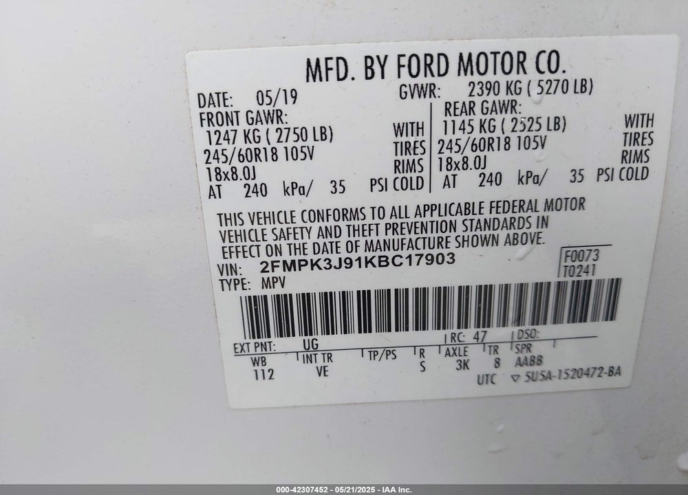 2019 FORD EDGE SEL VIN: 2FMPK3J91KBC17903