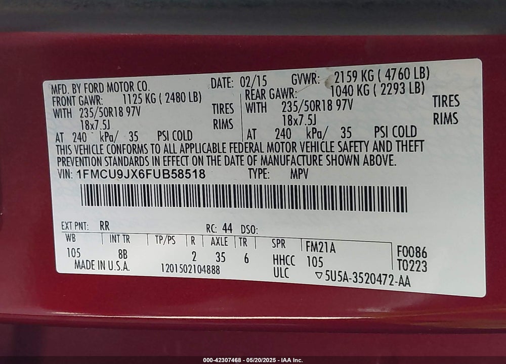 2015 FORD ESCAPE VIN: 1FMCU9JX6FUB58518