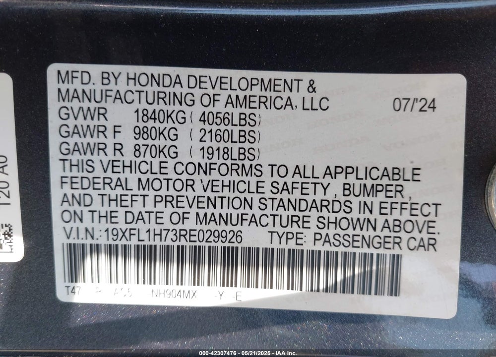 2024 HONDA CIVIC VIN: 19XFL1H73RE029926