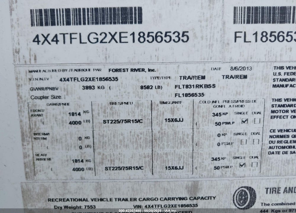 2014 FOREST RIVER FLAGSTAFF 831RKBSS VIN: 4X4TFLG2XE1856535