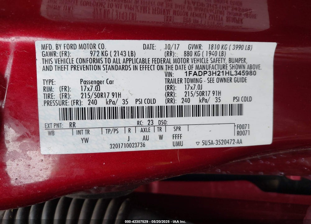2017 FORD FOCUS VIN: 1FADP3H21HL345980