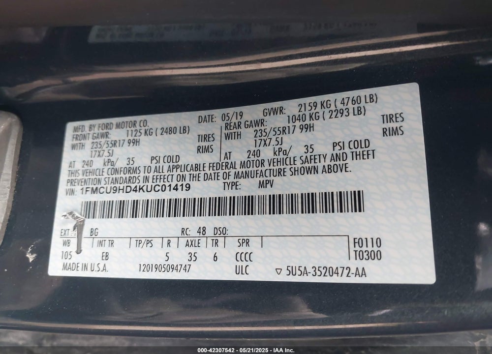 2019 FORD ESCAPE VIN: 1FMCU9HD4KUC01419