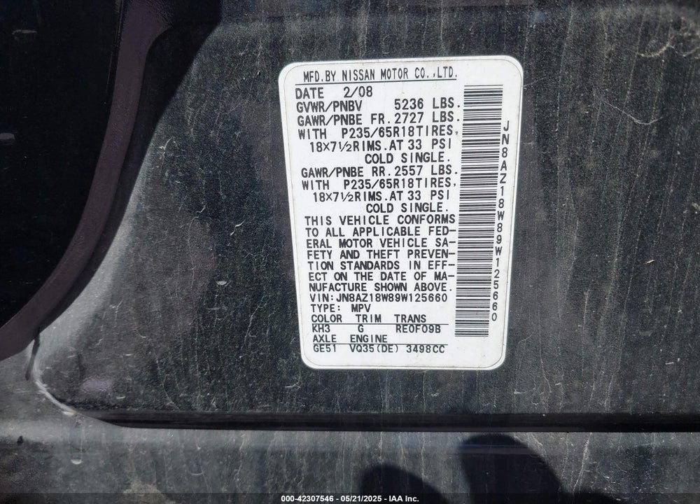 2009 NISSAN MURANO SL VIN: JN8AZ18W89W125660