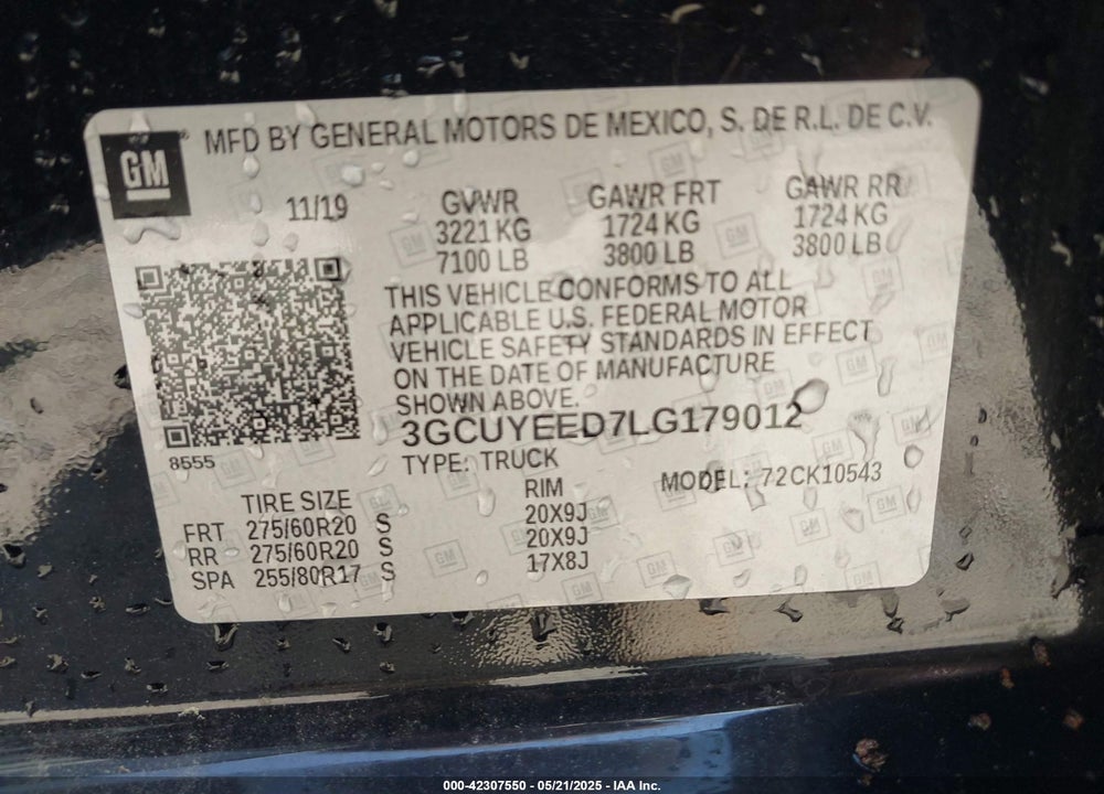 2020 CHEVROLET SILVERADO 1500 4WD SHORT BED RST VIN: 3GCUYEED7LG179012