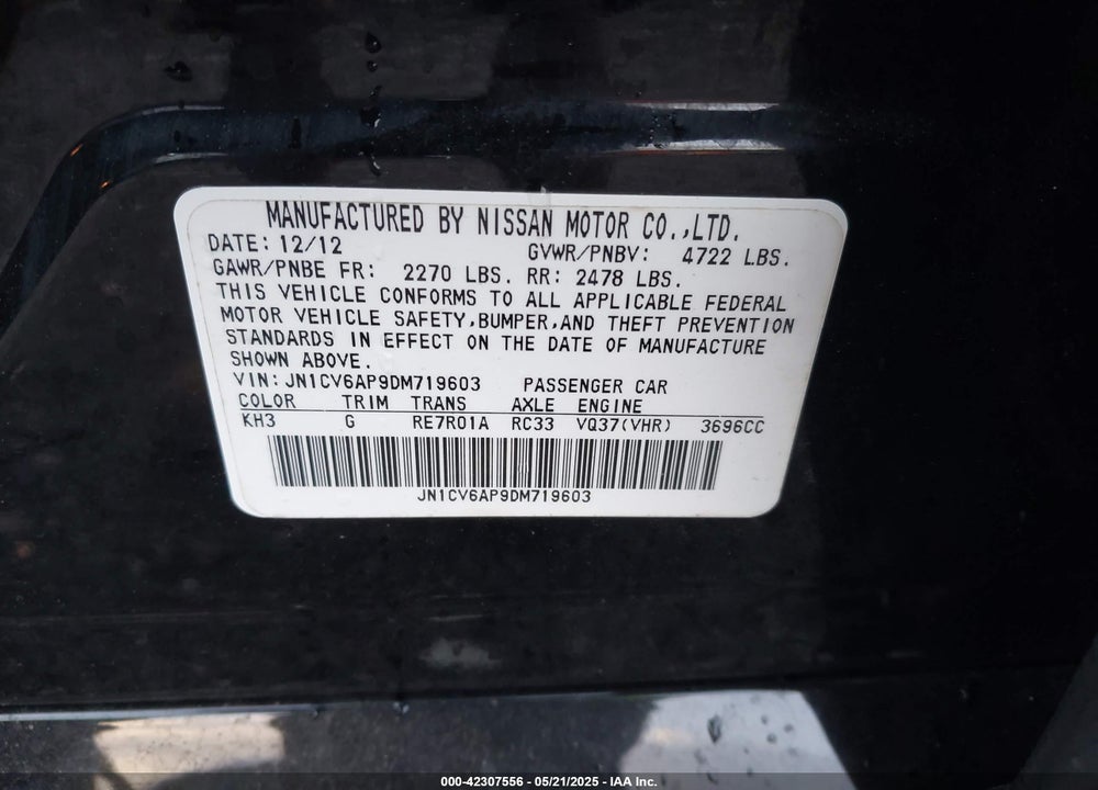 2013 INFINITI G37 VIN: JN1CV6AP9DM719603