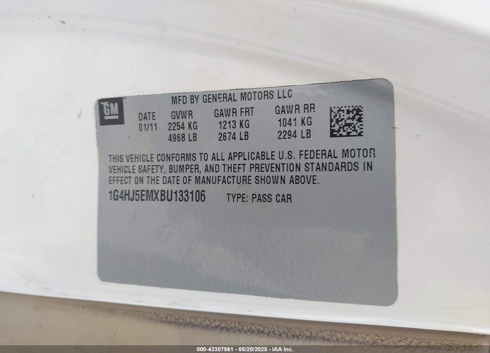 2011 BUICK LUCERNE CXL PREMIUM VIN: 1G4HJ5EMXBU133106