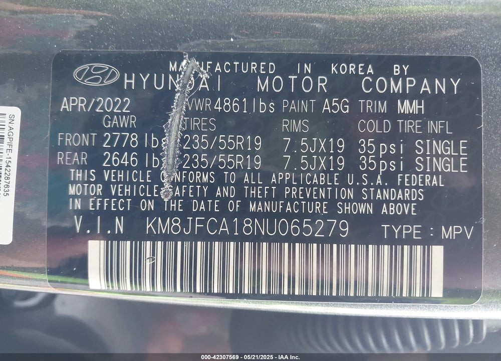 2022 HYUNDAI TUCSON HYBRID VIN: KM8JFCA18NU065279