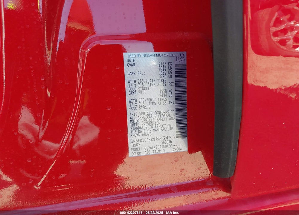 2024 NISSAN FRONTIER VIN: 1N6ED1EJXRN625455