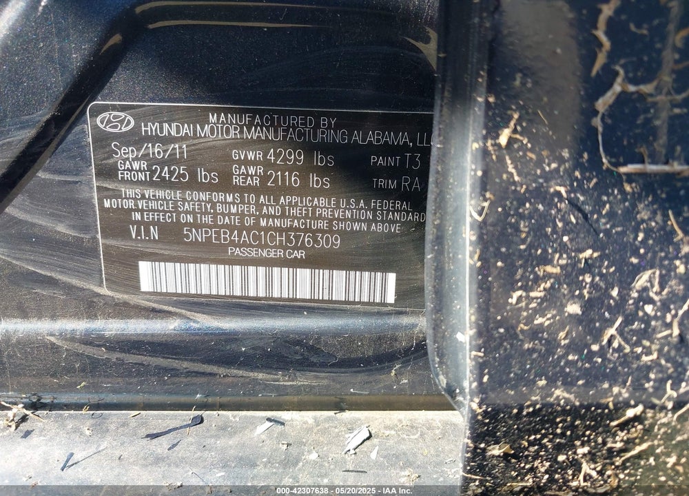 2012 HYUNDAI SONATA VIN: 5NPEB4AC1CH376309