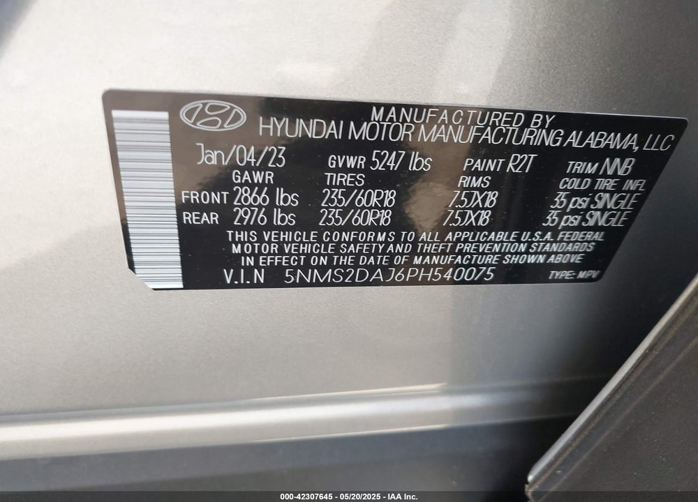 2023 HYUNDAI SANTA FE VIN: 5NMS2DAJ6PH540075