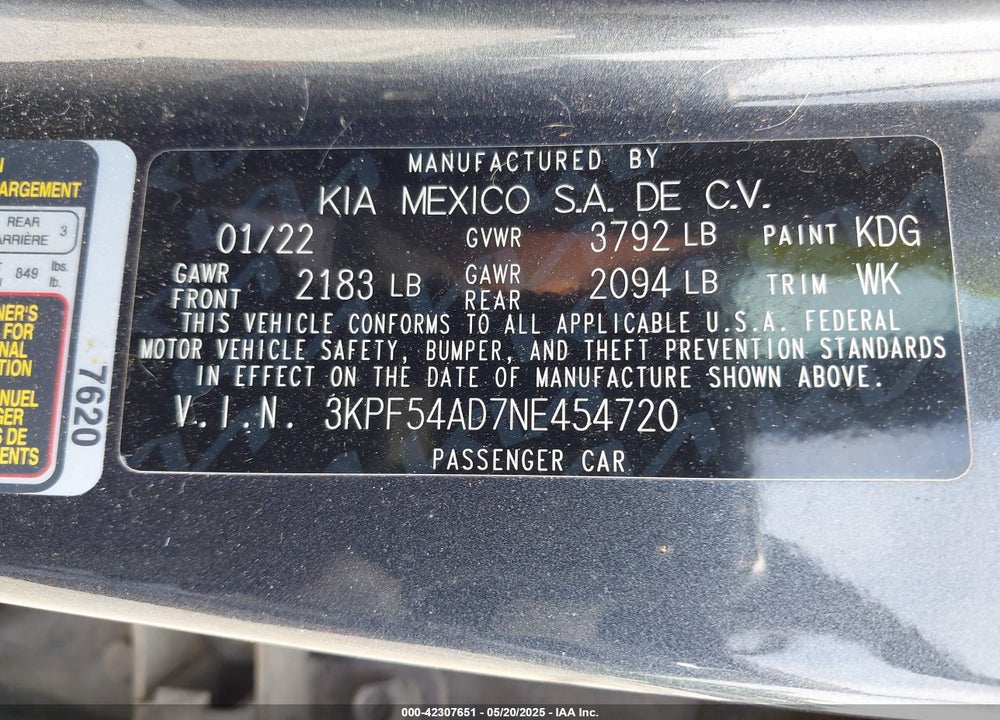 2022 KIA FORTE VIN: 3KPF54AD7NE454720