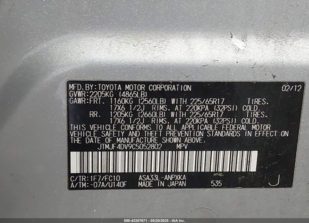 2012 TOYOTA RAV4 VIN: JTMJF4DV9C5052802