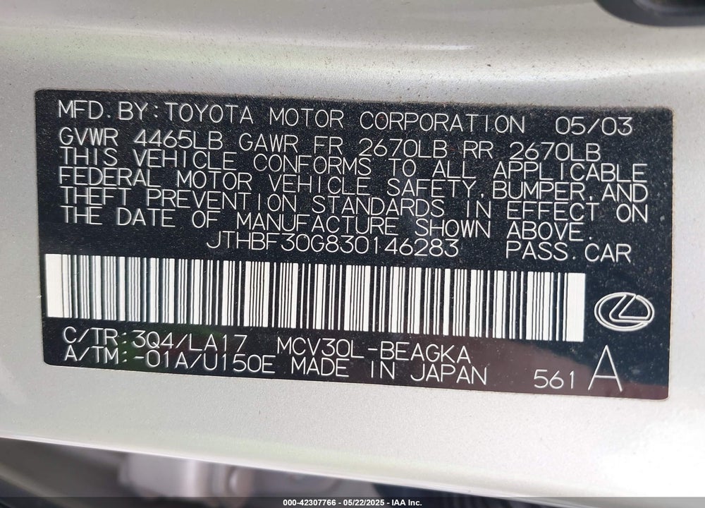 2003 LEXUS ES 300 VIN: JTHBF30G830146283