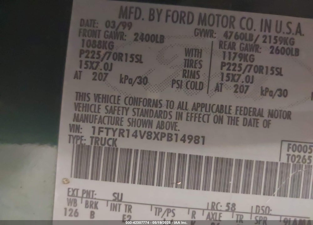 1999 FORD RANGER XL/XLT VIN: 1FTYR14V8XPB14981