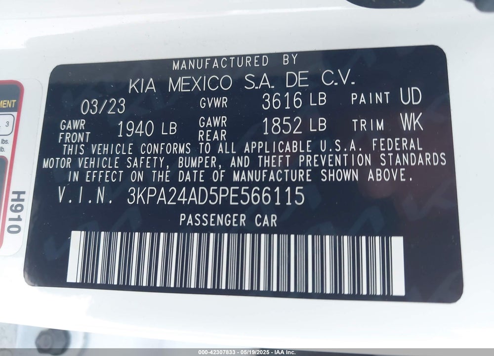 2023 KIA RIO VIN: 3KPA24AD5PE566115