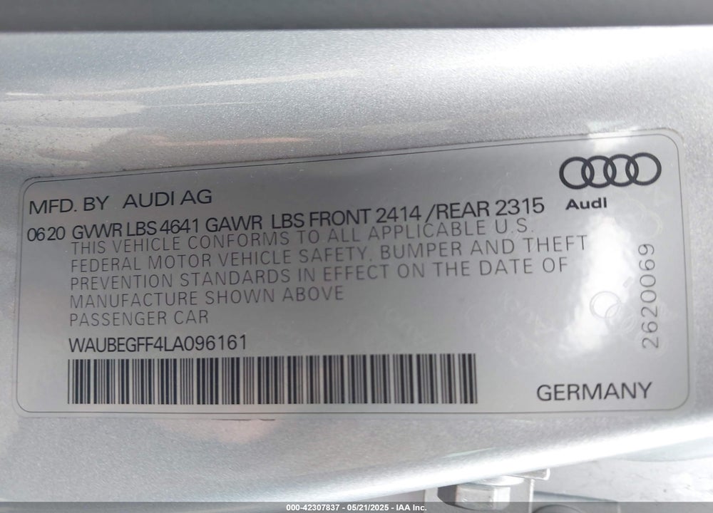 2020 AUDI A3 PREMIUM 45 TFSI S LINE QUATTRO S TRONIC VIN: WAUBEGFF4LA096161