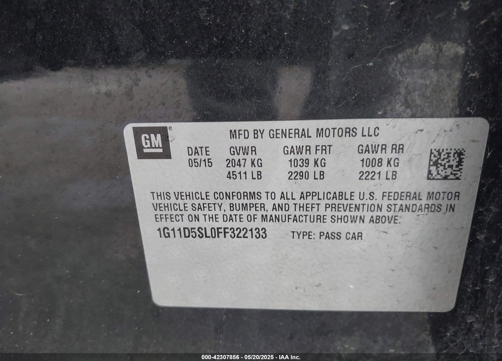 2015 CHEVROLET MALIBU 2LT VIN: 1G11D5SL0FF322133