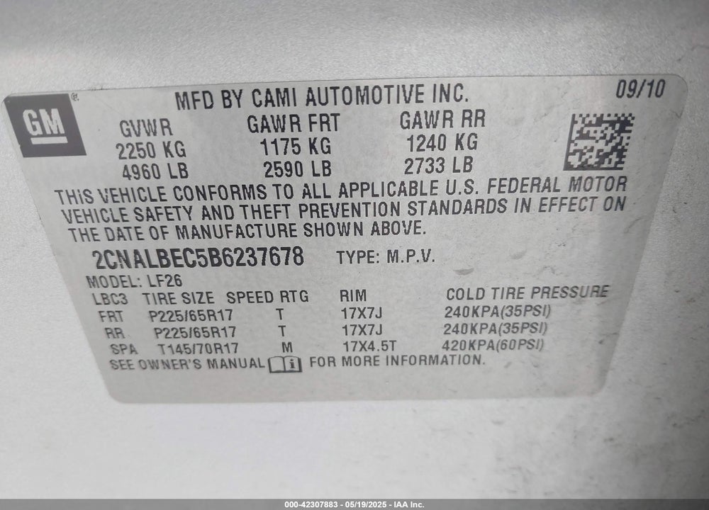 2011 CHEVROLET EQUINOX VIN: 2CNALBEC5B6237678
