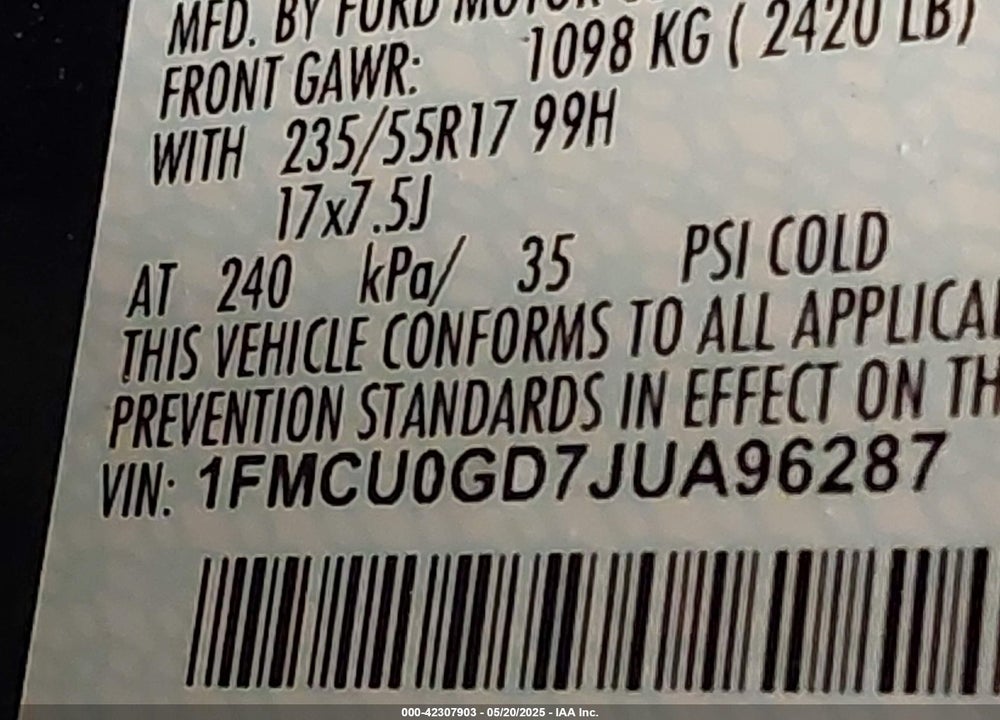 2018 FORD ESCAPE VIN: 1FMCU0GD7JUA96287