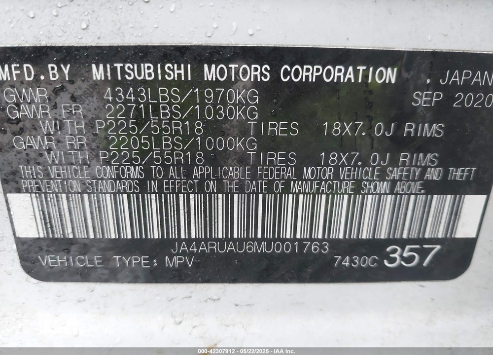 2021 MITSUBISHI OUTLANDER SPORT VIN: JA4ARUAU6MU001763