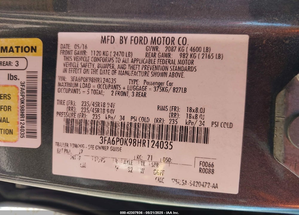 2017 FORD FUSION TITANIUM VIN: 3FA6P0K98HR124035
