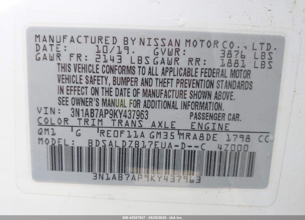 2019 NISSAN SENTRA VIN: 3N1AB7AP9KY437963