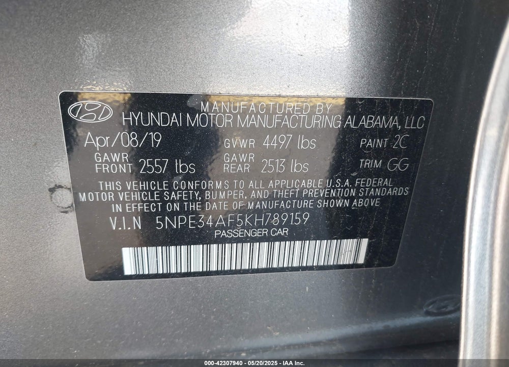 2019 HYUNDAI SONATA SEL VIN: 5NPE34AF5KH789159