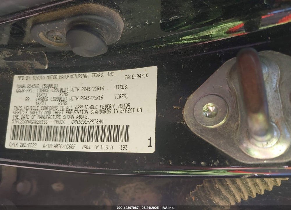 2016 TOYOTA TACOMA VIN: 5TFCZ5AN4GX028153