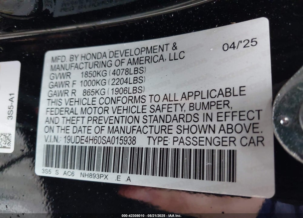 2025 ACURA INTEGRA A-SPEC TECHNOLOGY VIN: 19UDE4H60SA015938