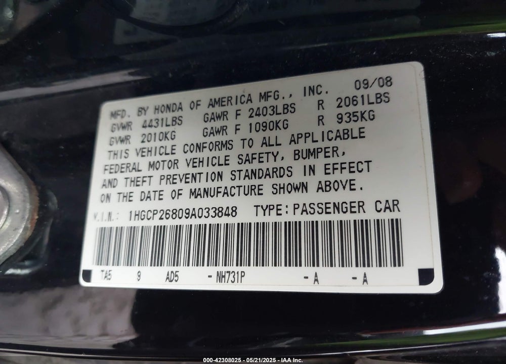 2009 HONDA ACCORD VIN: 1HGCP26809A033848