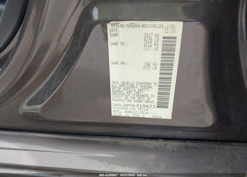 2016 NISSAN ALTIMA 2.5 S VIN: 1N4AL3AP0GN310421
