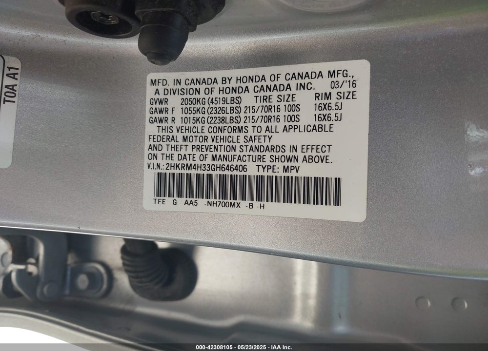 2016 HONDA CR-V VIN: 2HKRM4H33GH646406