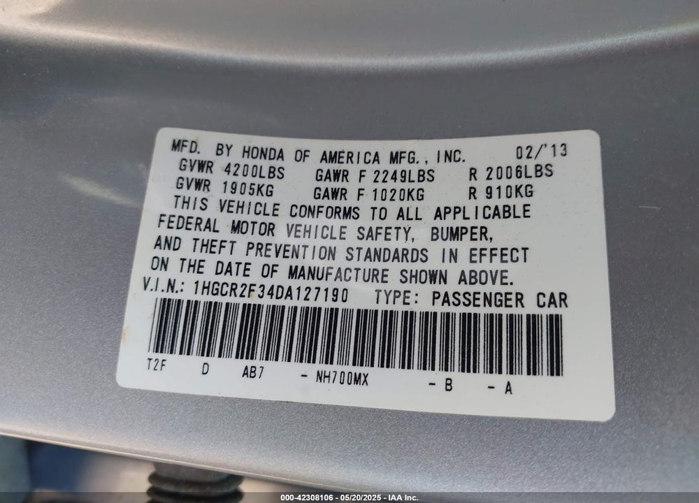 2013 HONDA ACCORD LX VIN: 1HGCR2F34DA127190
