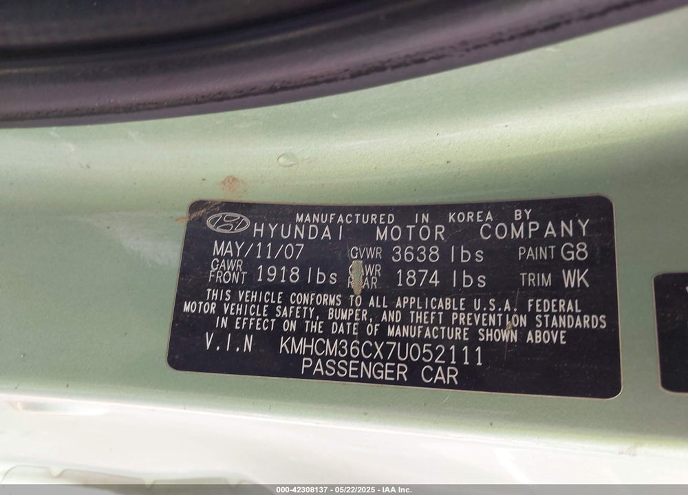 2007 HYUNDAI ACCENT GS VIN: KMHCM36CX7U052111